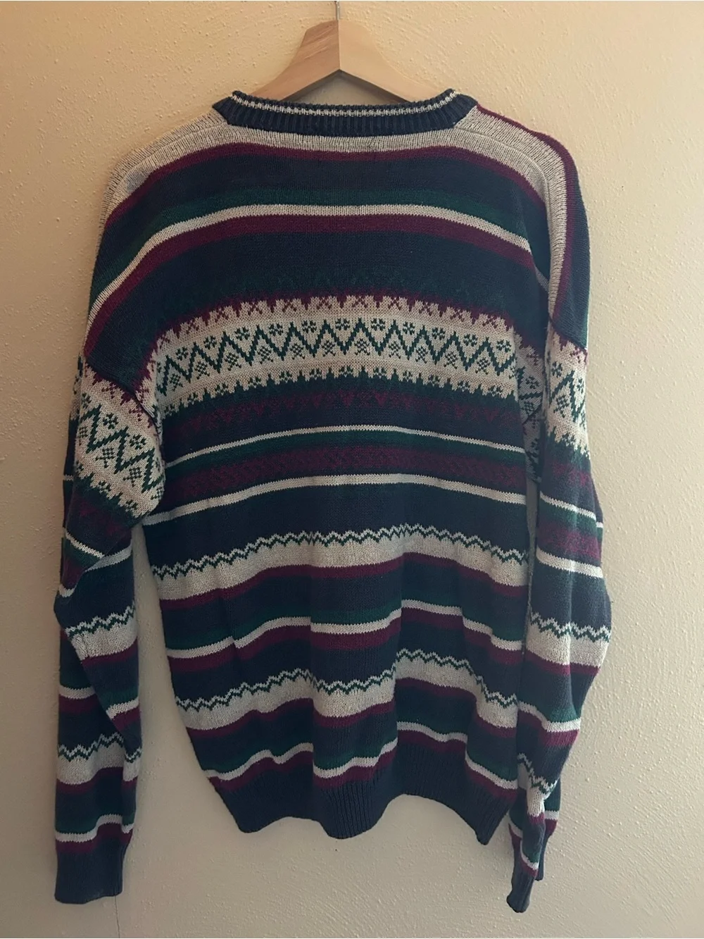 Striped Fair Isle V-Neck Sweater - Green, Burgundy, Cream